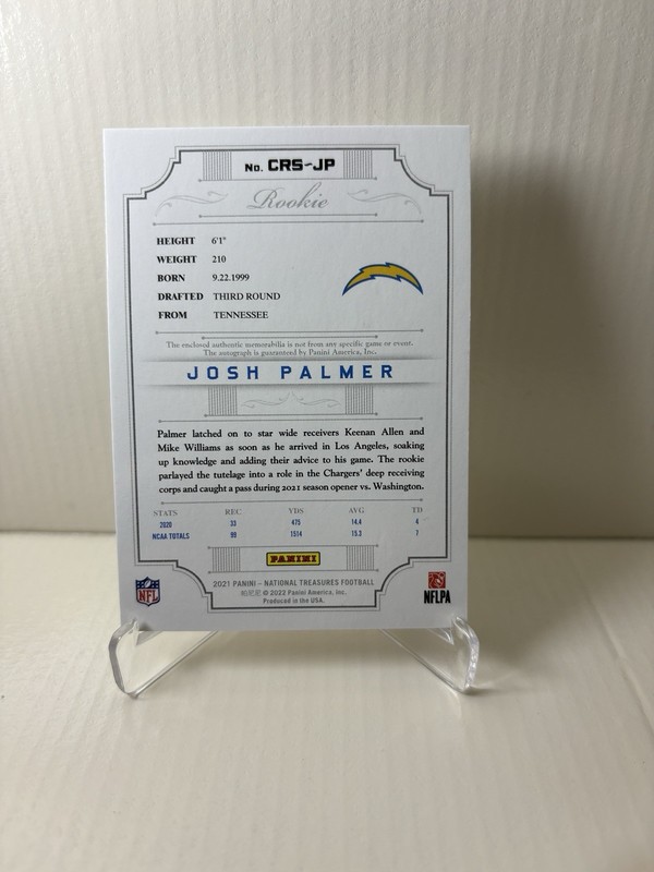 2021 National Treasures Josh Palmer Crossover /25 RPA #CRS-JP Rookie Patch Auto view 2