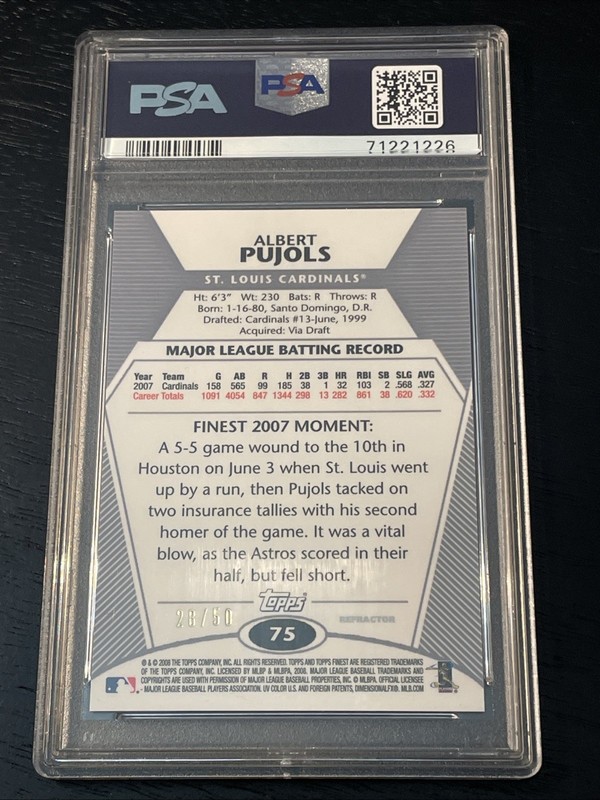 Albert Pujols 2008 Topps Finest Gold Refractor #75 SP /50 PSA 9 Mint view 2