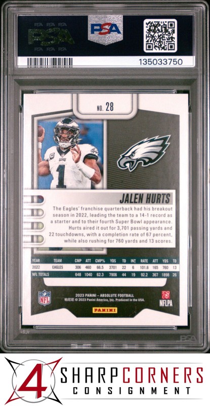 2023 PANINI ABSOLUTE #28 JALEN HURTS PSA 10 view 2
