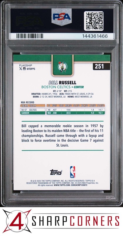 2025 TOPPS #251 BILL RUSSELL HOF PSA 9 view 2
