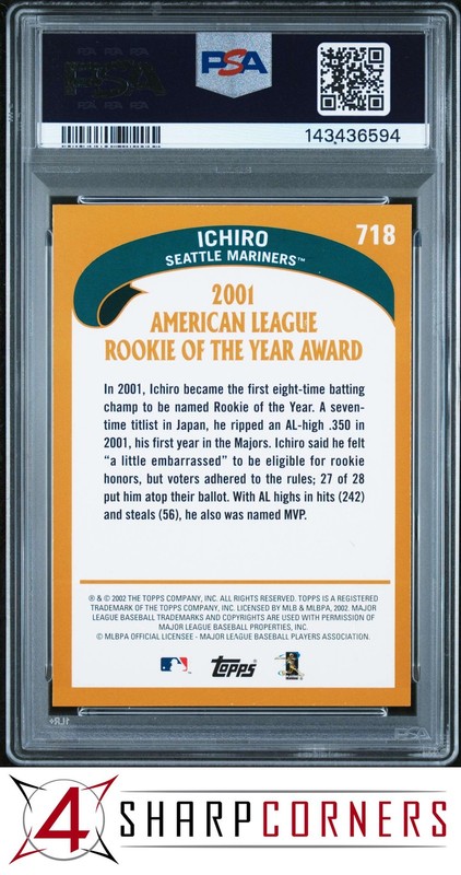 2002 TOPPS #718 ICHIRO SUZUKI MARINERS HOF PSA 9 view 2