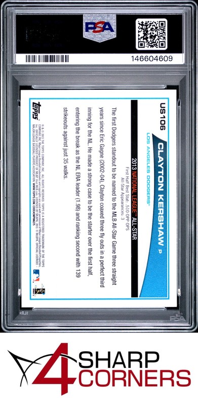 2013 TOPPS UPDATE #US106 CLAYTON KERSHAW DODGERS PSA 9 view 2