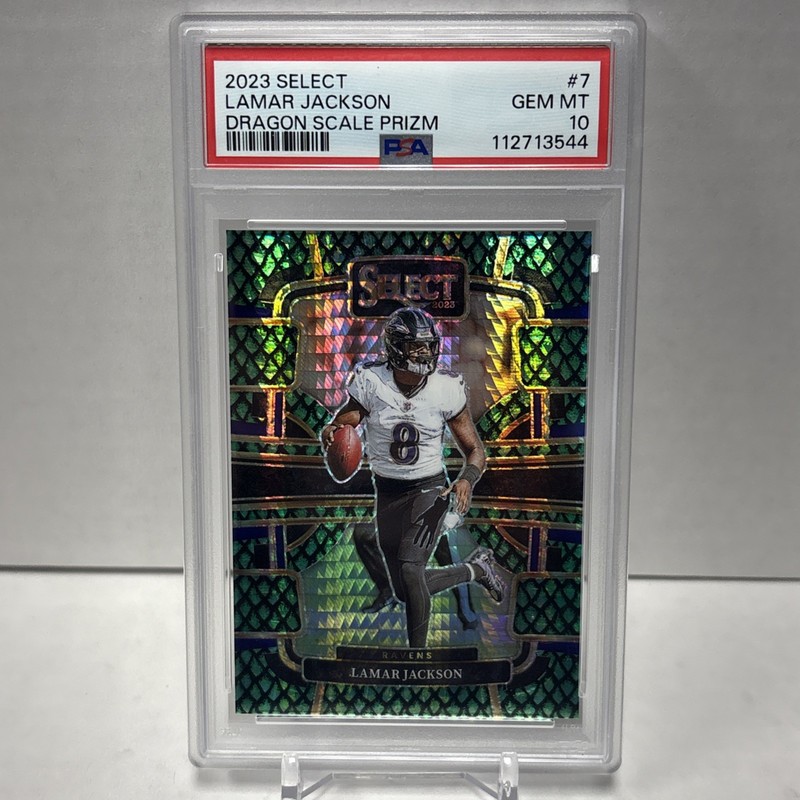2023 SELECT LAMAR JACKSON #7 DRAGON SCALE PRIZM /70 SSP - PSA 10