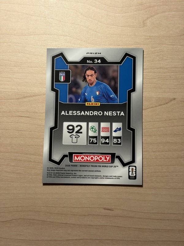 2026 Prizm Monopoly FIFA World Cup #34 Alessandro Nesta Gold Prizm Italy view 2