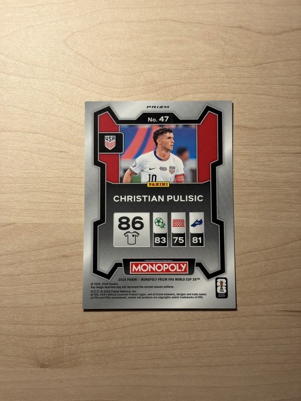 2026 Panini Monopoly FIFA World Cup Christian Pulisic Gold Cracked Ice Prizm SSP view 2