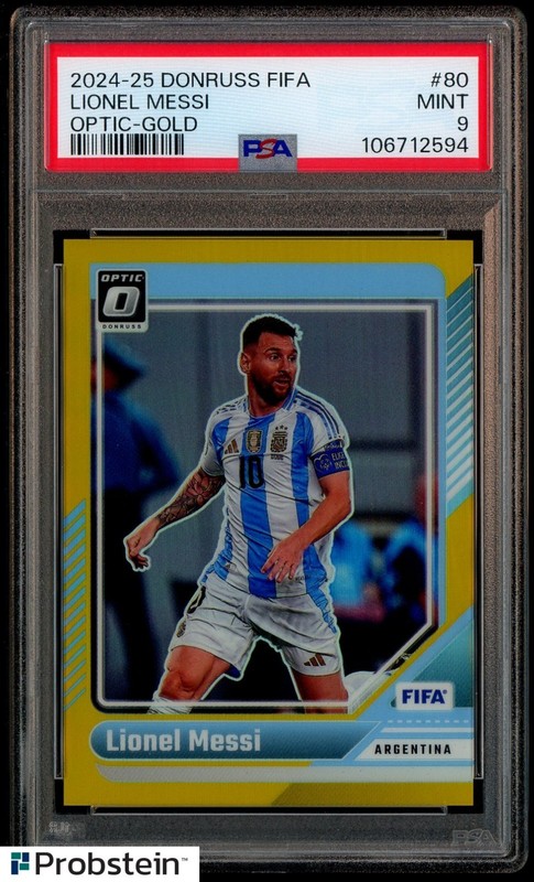 2024-25 Donruss Optic Fifa Soccer Gold Prizm #80 Lionel Messi 4/10 PSA 9 MINT