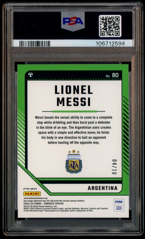 2024-25 Donruss Optic Fifa Soccer Gold Prizm #80 Lionel Messi 4/10 PSA 9 MINT view 2