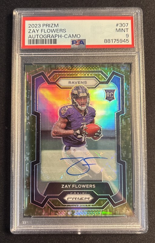2023 PRIZM ZAY FLOWERS CAMO AUTOGRAPH /25 #307 PSA 9
