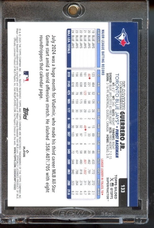 2025 Topps Gilded Vladimir Guerrero - Superfractor 1/1 #133 view 2