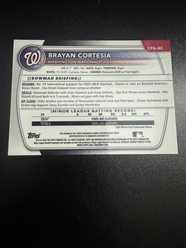 Brayan Cortesia 2025 Bowman Chrome 1st Auto #CPA-BC Nationals view 2