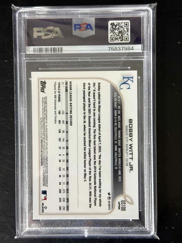 Bobby Witt Jr. 2022 Topps Chrome Update Sapphire Edition #US100 RC PSA 10 view 2