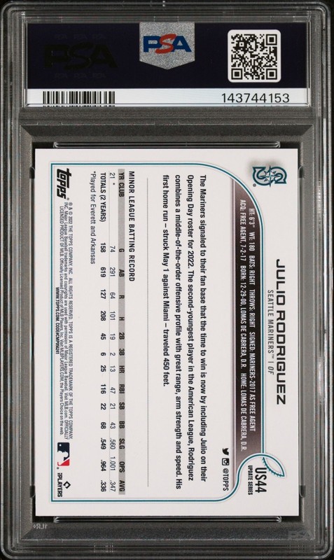 Julio Rodriguez 2022 Topps Update #US44 Rookie Card PSA 10 view 2