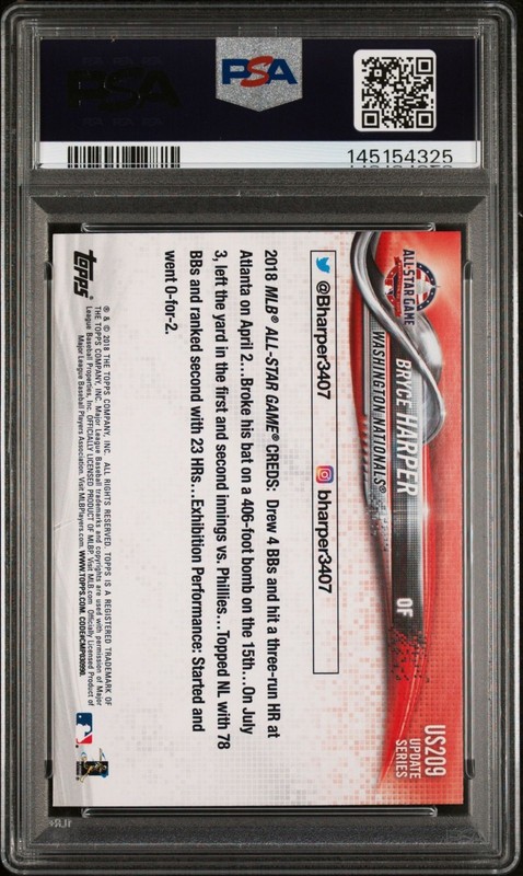 Bryce Harper 2018 Topps Update #US209 Rainbow Foil PSA 10 view 2