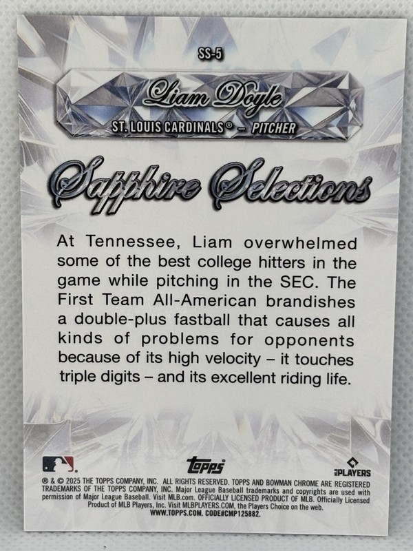 Liam Doyle /50 Gold Refractor 2025 Bowman Chrome Sapphire Selections Cardinals view 2