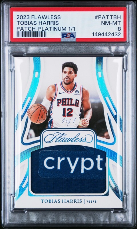 2023 Panini Flawless Tobias Harris Crypto Tag 1/1 Platinum Sponsor Patch PSA 8