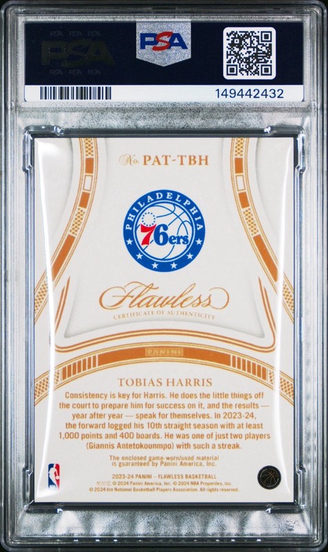 2023 Panini Flawless Tobias Harris Crypto Tag 1/1 Platinum Sponsor Patch PSA 8 view 2