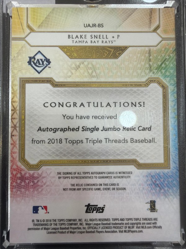 2018 Topps Blake Snell /99 Auto Single Jumbo Relic Card Game-Used Memorabilia view 2