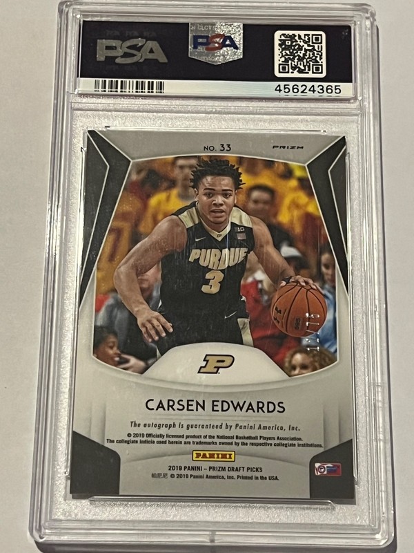 2019 Prizm Draft Picks Carsen Edwards Hyper Prizm Rookie Auto /75 PSA 10 #33 view 2