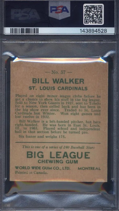 1933 Goudey World Wide Gum #57 Bill Walker English Only Cardinals PSA 4 view 2