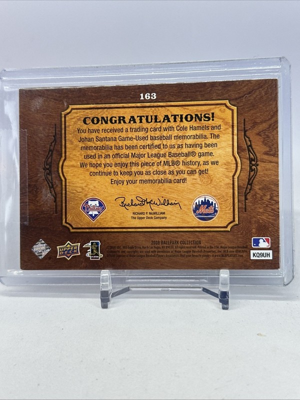 2008 UPPER DECK BALLPARK COLLECTION COLE HAMELS JOHAN SANTANA GAME USED JERSEY view 2