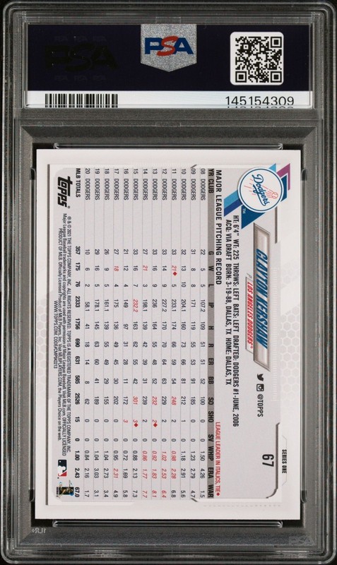 Clayton Kershaw 2021 Topps #67 Gold Foil PSA 10 view 2