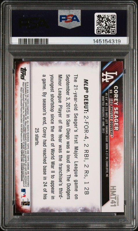 Corey Seager 2016 Topps Chrome Update #HMT41 Rookie Debut PSA 10 view 2