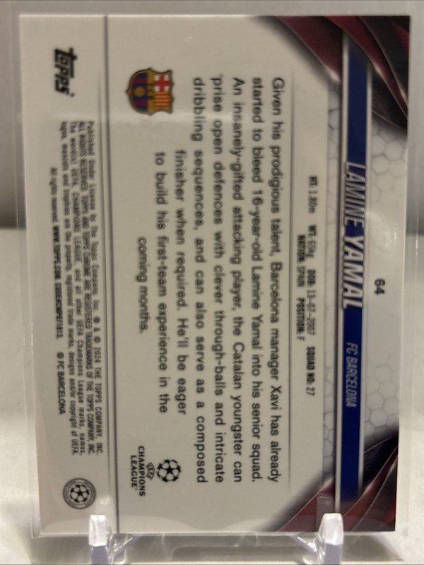 Lamine Yamal 2023-24 Topps Chrome UEFA Club Competitions #64 Rookie RC Barcelona view 2