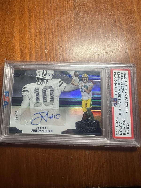 2023 Panini Plates & Patches Jordan Love Autograph Blue /50 PSA 8 Auto 9