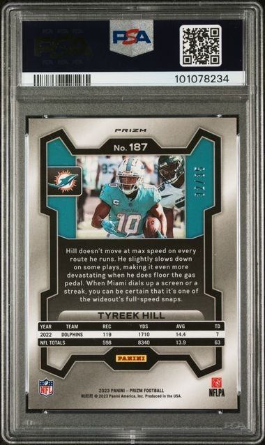 2023 Panini Prizm Tyreek Hill #187 Red Shimmer Prizm /35 PSA 10 view 2