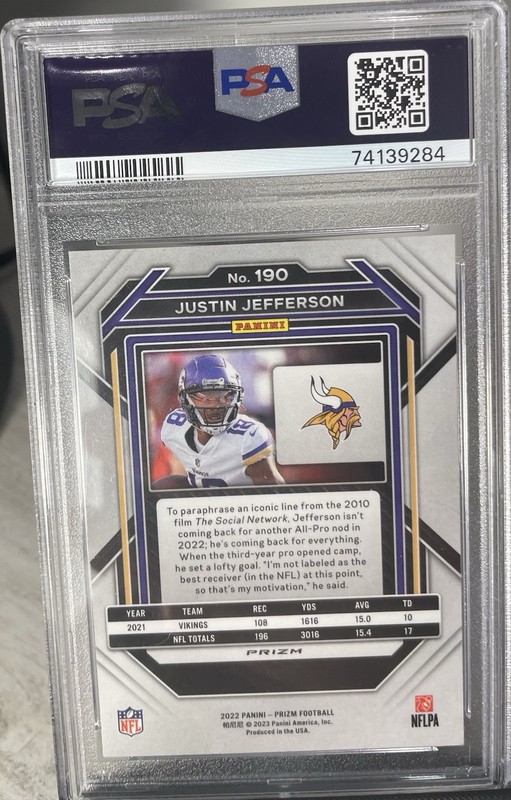 2022 PANINI PRIZM SILVER PRIZM #190 JUSTIN JEFFERSON PSA 10 view 2