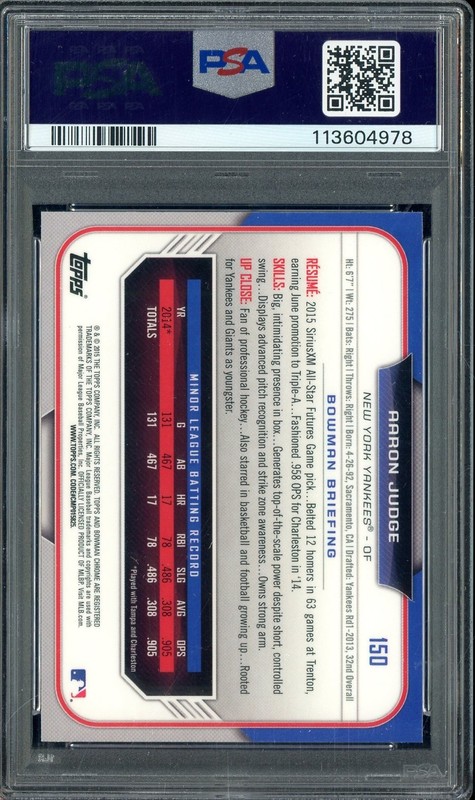 2015 Bowman Chrome Refractor #150 Aaron Judge Yankees RC Rookie PSA 10 view 2