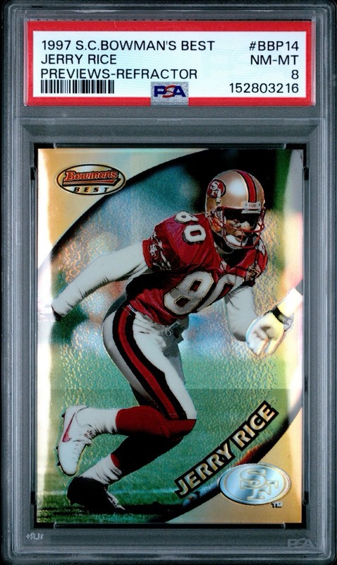 JERRY RICE 1997 TSC BOWMANS BEST PREVIEWS REFRACTOR #BBP14 - 49ers HOF - PSA 8