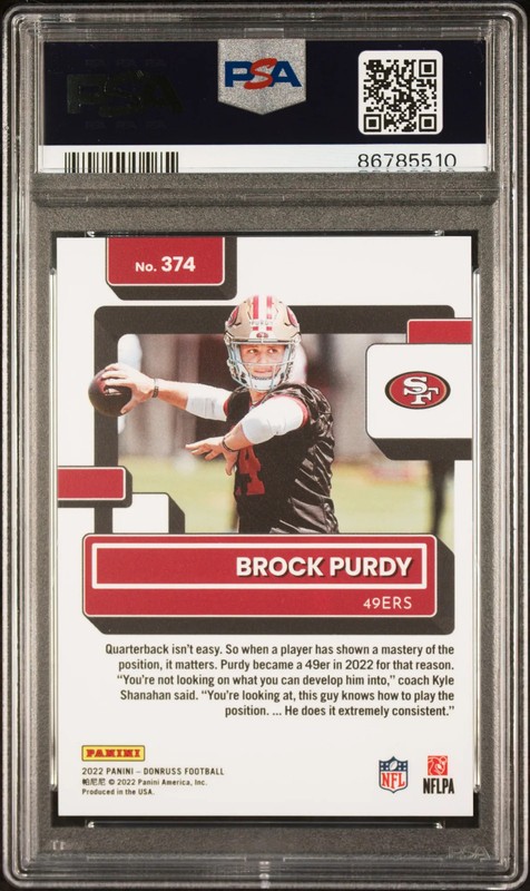 2022 Panini Donruss Brock Purdy #374 Press Proof Premium PSA 8 view 2