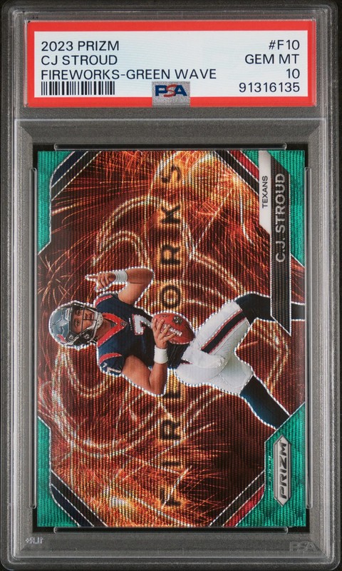 2023 Panini Prizm Fireworks CJ Stroud #F10 Green Wave PSA 10