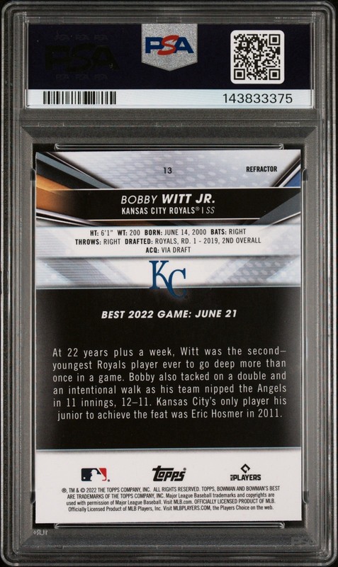 2022 Bowman's Best Refractor #13 Bobby Witt Jr Rookie RC - Royals - PSA 9 MINT view 2
