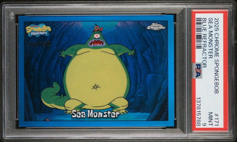2025 Topps Chrome SpongeBob SquarePants Sea Monster Blue Refractor /150 PSA 9