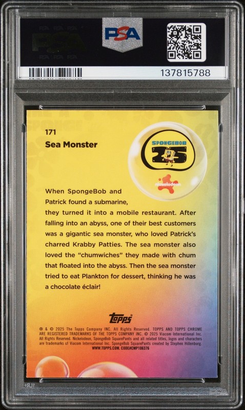 2025 Topps Chrome SpongeBob SquarePants Sea Monster Blue Refractor /150 PSA 9 view 2