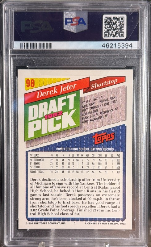 1993 TOPPS - DEREK JETER #98 ROOKIE CARD (RC) - PSA 9 MINT view 2