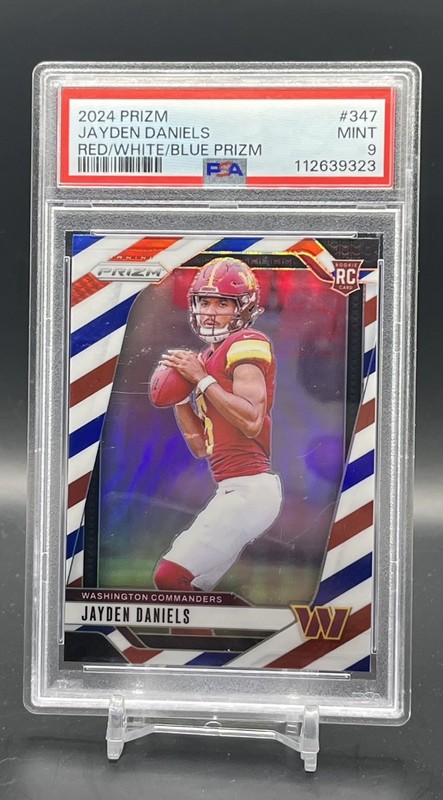 JAYDEN DANIELS 2024 PANINI PRIZM ROOKIE RED WHITE BLUE #347 RC PSA 9 Commanders