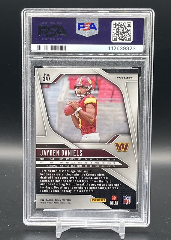 JAYDEN DANIELS 2024 PANINI PRIZM ROOKIE RED WHITE BLUE #347 RC PSA 9 Commanders view 2