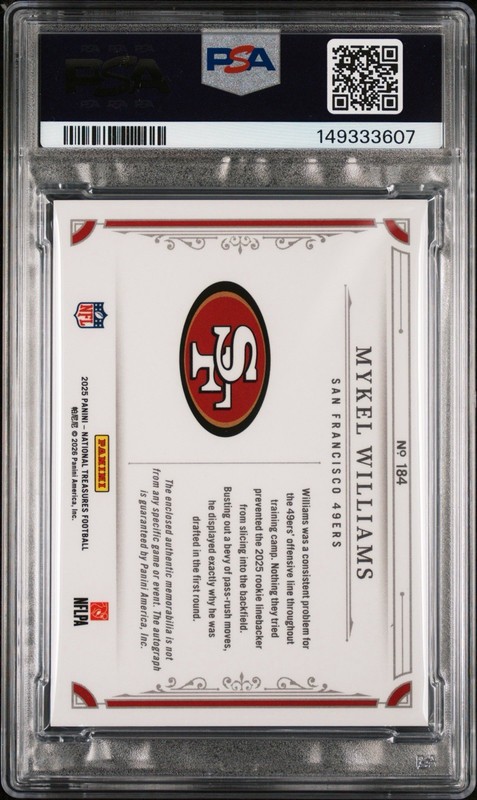 PSA 10 2025 National Treasures Mykel Williams RC /99 True Rookie Patch Auto 49er view 2