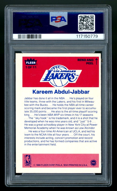1986-87 Fleer Basketball Sticker Kareem Abdul Jabbar #1 Lakers HOF PSA 5 view 2