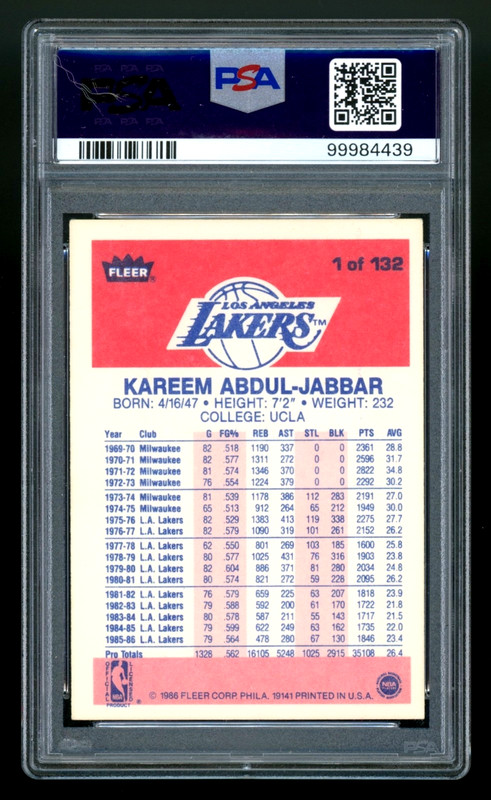 1986-87 Fleer Basketball Kareem Abdul Jabbar #1 Lakers HOF PSA 4 *CENTERED* view 2