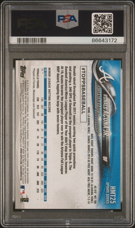 Ronald Acuna Jr 2018 Topps Chrome Update Rookie Card RC #HMT25 PSA 10 GEM MINT view 2