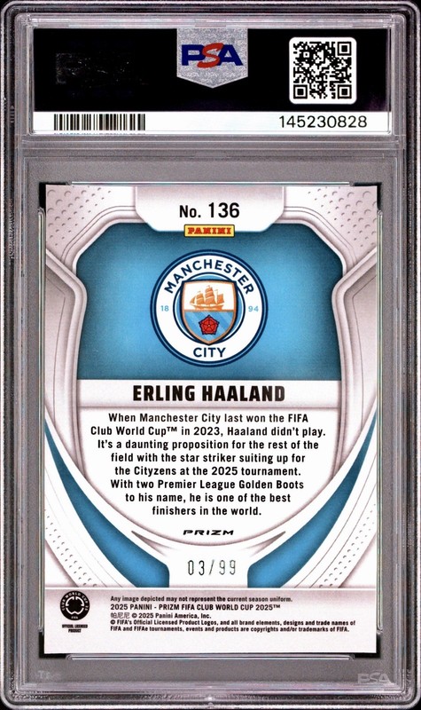 2025 Panini Prizm FIFA Club World Cup Erling Haaland Teal Prizm /99 PSA 9 view 2