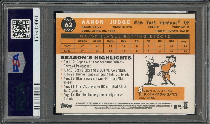2017 Topps Archives #62 Aaron Judge New York Yankees RC Rookie PSA 9 MINT view 2