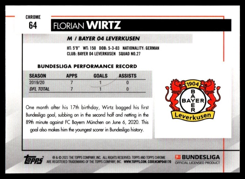 2020 Topps Chrome Bundesliga Sapphire Florian Wirtz Bayer 04 Leverkusen #64 view 2