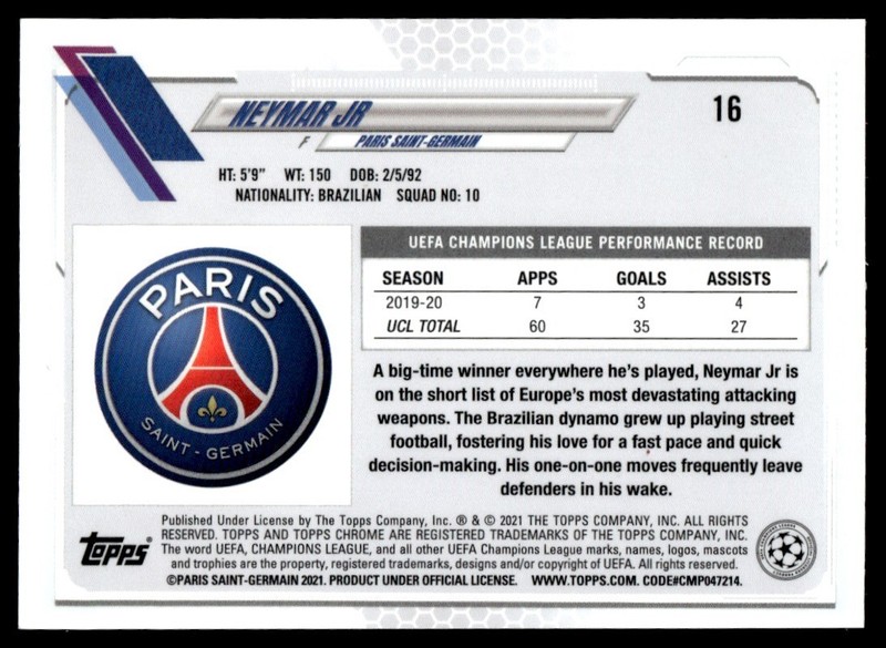 2020 Topps Chrome UEFA Champions League Blue Sapphire Neymar Jr Paris view 2