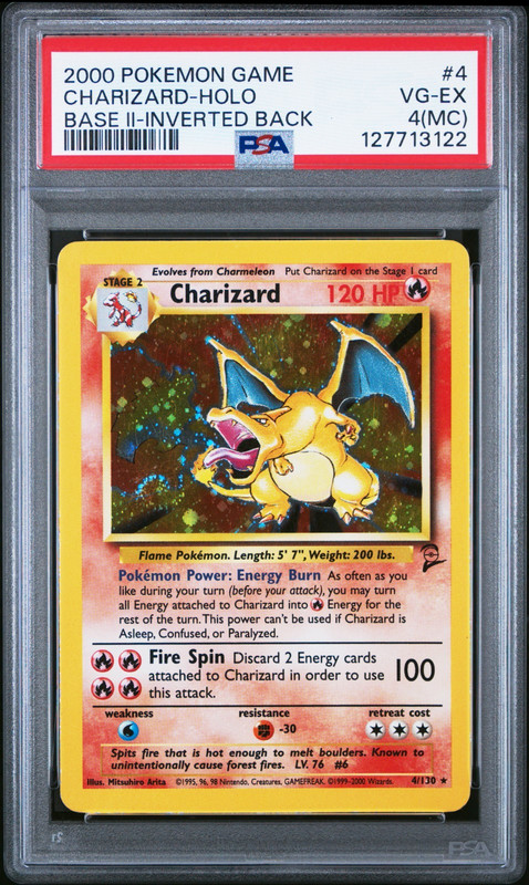 2000 POKEMON BASE 2 CHARIZARD-HOLO-INVERTED BACK PSA 4 *MISCUT + SWIRL*