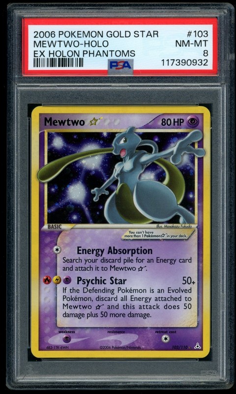 2006 POKEMON GOLD STAR MEWTWO-HOLO EX HOLON PHANTOMS #103 PSA 8